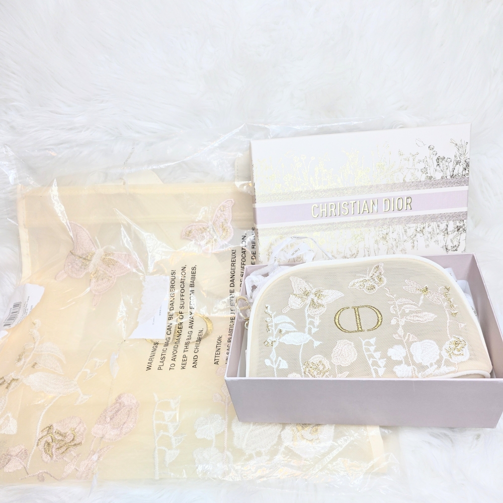 Christian Dior Cosmetic Bag & Tote Bag Sheer Fabric with Butterfly & Flower NWT